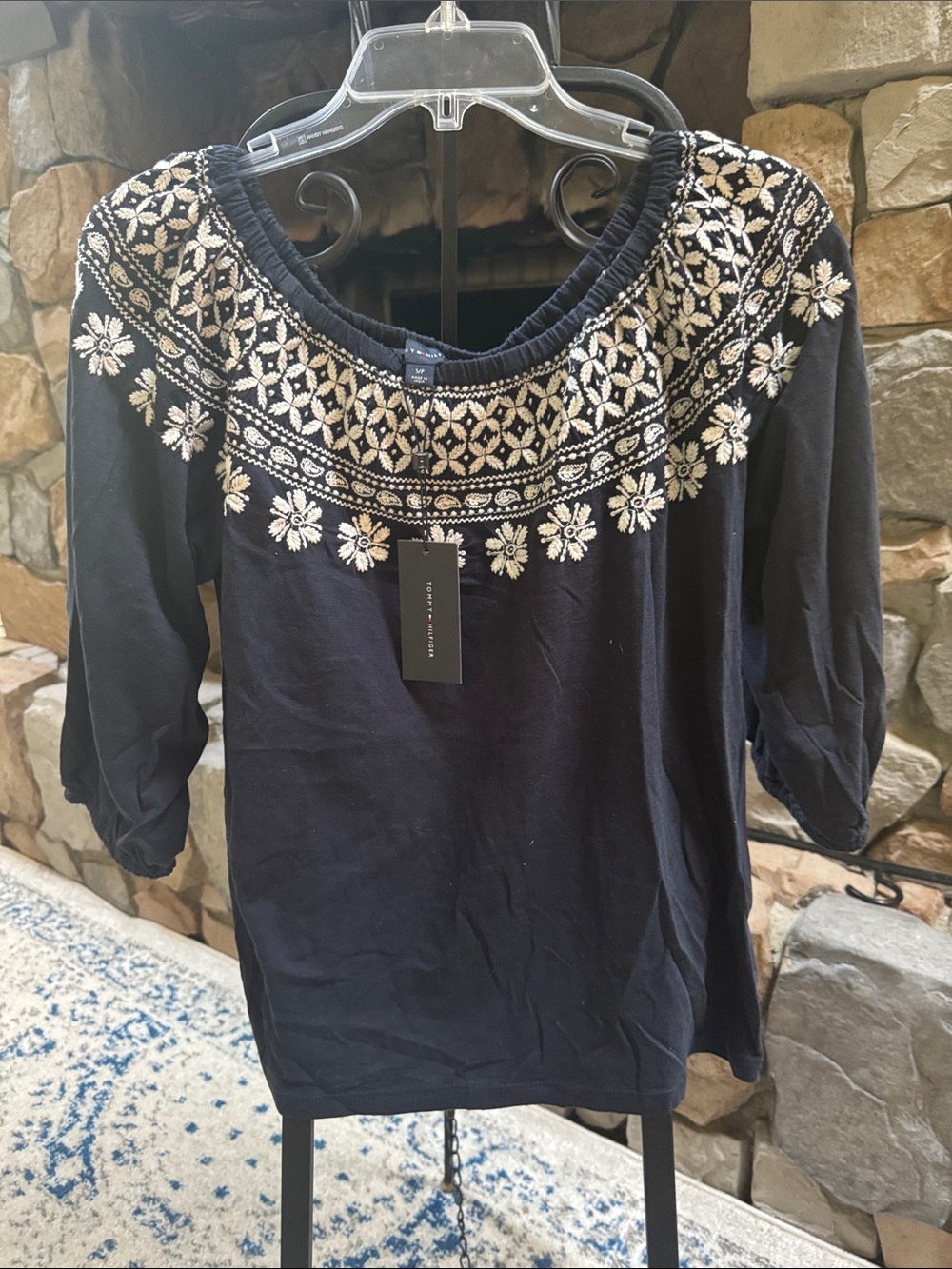 Tommy Hilfiger Navy Blouse with Cream Embroidered Yoke